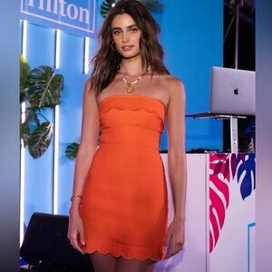 NEW Reformation Isles Linen Mini Dress Flame Orange Strapless Scallop Smocked  2